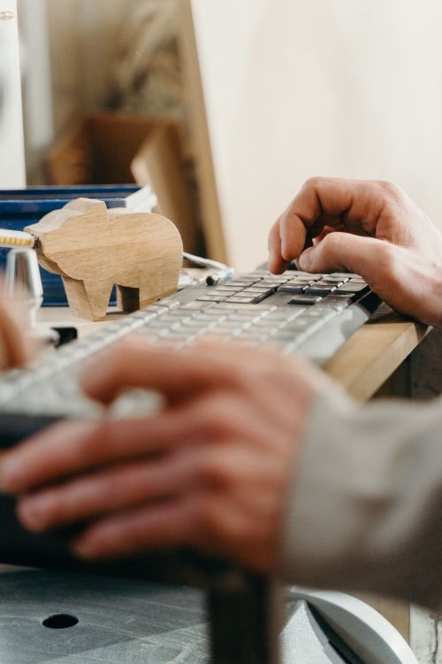 Close-up of hands typing on a computer keyboard with a wooden elephant figure on the desk.